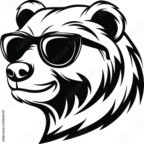 Isolated bear head with sunglasses displays a cool attitude in black and white art
