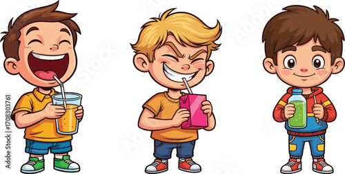 Cartoon boys drinking juice, kids holding beverages with straws, happy children illustration, colorful cute characters, isolated white background art