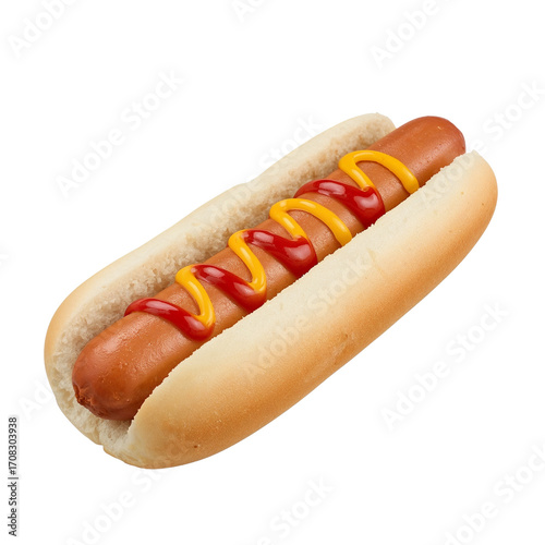 A savory hot dog nestled in a soft bun with mustard and ketchup against nothing