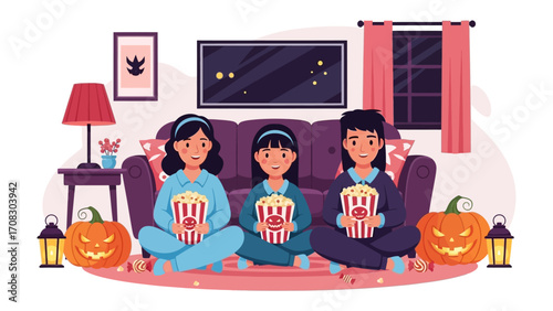 Cozy Movie Night: Three individuals enjoying a movie at home, surrounded by festive decorations.