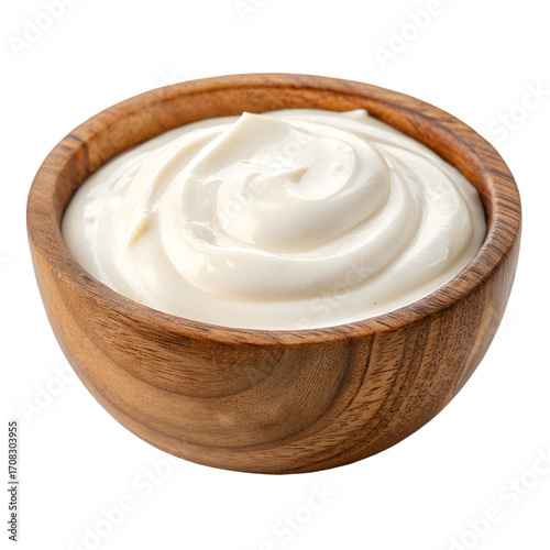 Greek yogurt in wooden bowl isolated on white background.