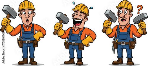 Cartoon construction workers with tools, different facial expressions, hard hats, emotions of surprise, laughter, confusion, character design illustration