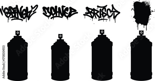 Black spray paint cans and graffiti lettering on transparent background