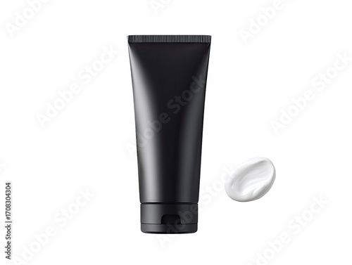 Matte black tube of cosmetic cream with a dab of white cream beside it.  A studio shot, top-down view.  Realistic rendering of the product