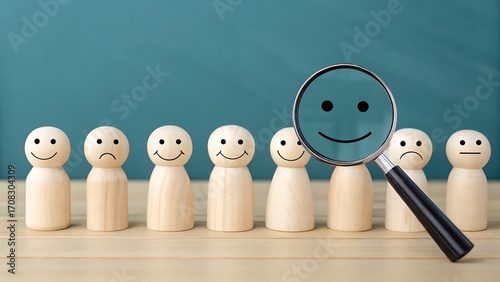 Searching for positive attitude and happy employees, using a magnifying glass to find smiling faces among wooden figures on a table