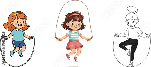 Cartoon girls skipping rope, playful children jumping, fitness and fun activity, vector illustration for exercise, sports, health, and outdoor games