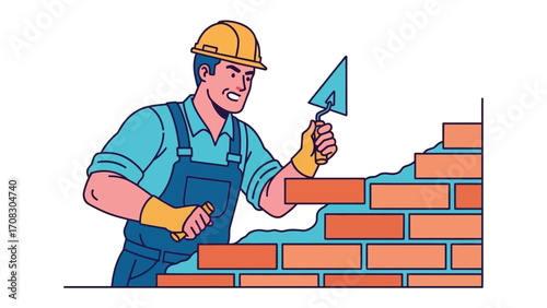 Construction Artisan at Work: A focused artisan bricklayer in a vibrant cartoon illustration, meticulously constructs a brick wall with expertise and precision.