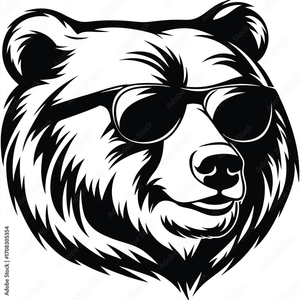 Obraz premium Cool bear with sunglasses stares directly forward in detailed black and white vector