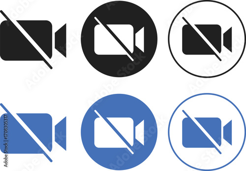 Video camera and no video camera icon set. Video record symbol. video call on off sign line and bold style