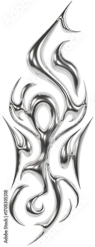 Abstract metallic futuristic 3D tribal y2k chrome shape, aesthetic cyber gothic style neotribal tattoo design