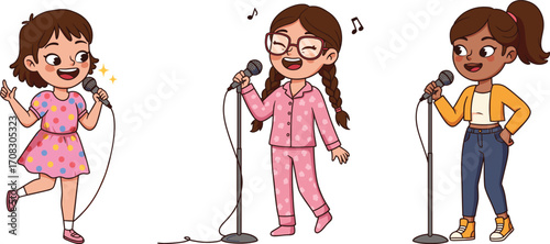 Three happy girls singing karaoke, colorful outfits, microphone performance, joyful kids, musical fun, stage singing, cheerful children entertainment