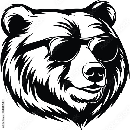 Cool bear with sunglasses stares directly forward in detailed black and white vector