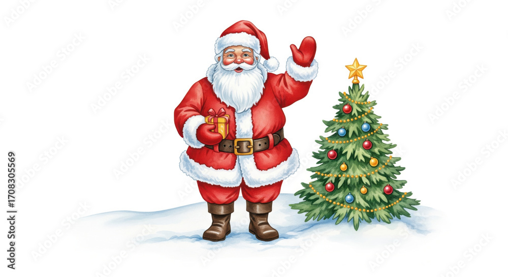 Fototapeta premium Santa Claus holding gift stands on snow next to decorated Christmas tree with star on top, festive and cheerful holiday scene