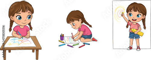 Happy young girl drawing colorful pictures with crayons at table, sitting and standing, child creativity, kids art activity
