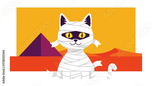 Egyptian Cat: a stylized illustration of a cat as a mummy with a playful, whimsical air against a backdrop that evokes the ambiance of an Egyptian scene.