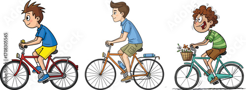 Three cartoon boys riding bicycles, colorful bikes, happy children cycling outdoors, casual clothes, fun activity, summer day, playful kids