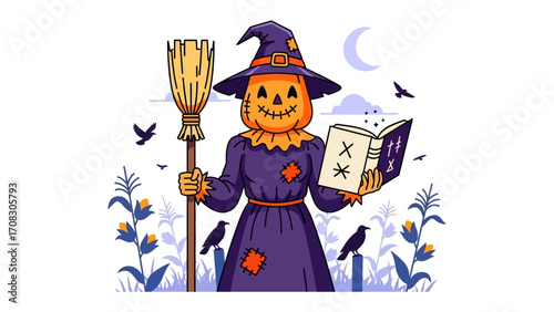Whimsical Halloween Scarecrow: A charming scarecrow dressed in purple stands proudly, holding a broom and a magical spellbook, set against a mystical backdrop with crows and the moon.
