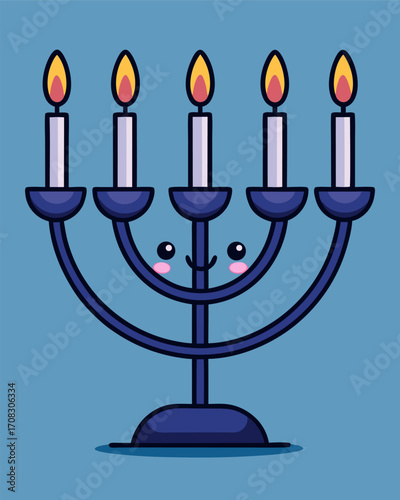 Kawaii Menorah with Candles – Hanukkah Vector Illustration