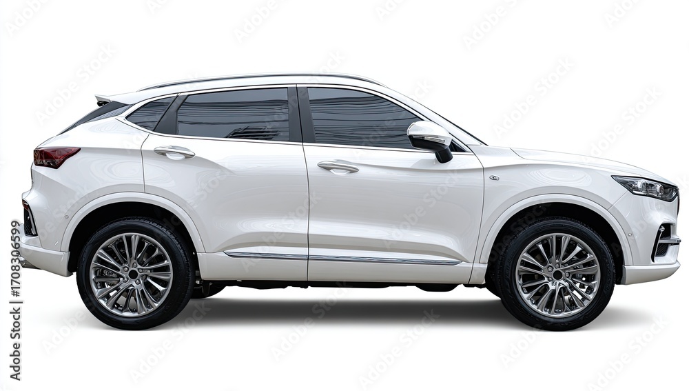 Obraz premium Side view of a white SUV. Modern design, sleek lines