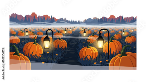 Halloween Pumpkin Field: A captivating, photorealistic rendering of a Halloween pumpkin patch, illuminated by the warm glow of vintage lanterns.