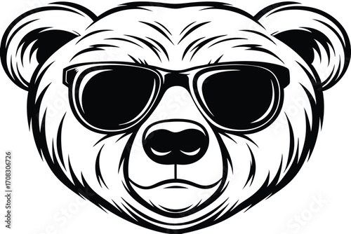 Cool bear head wearing sunglasses displays confident style in a black and white drawing