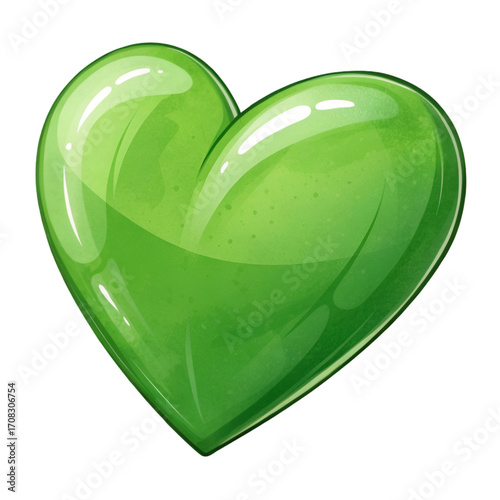 A glossy bright green heart shape isolated on white background