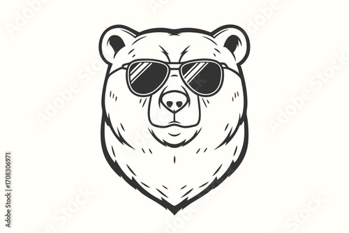 A serious bear wearing sunglasses stares forward intently with a confident outline in monochrome