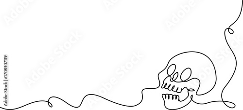 Halloween decoration card. Human scull. Continuous One line drawing