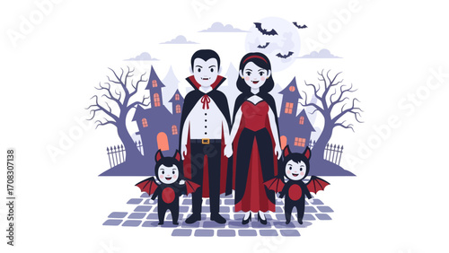 A Spooky Family: A vector illustration of a family, each one dressed up in themed costumes, standing in front of an eerie, gothic-style castle.