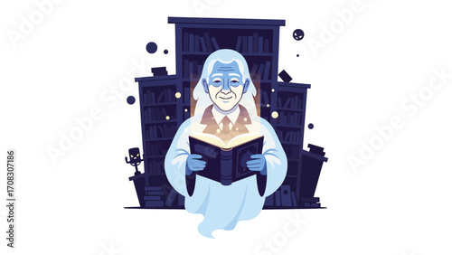 Spirited Reader's Literary Luminescence: An ethereal, spectral figure illuminated by the magical glow of an open book within a study.