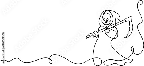 Halloween decoration card. Grim Reaper. One line art. Continuous line drawing