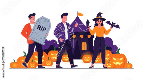 Enchanting Halloween Celebration: A vibrant, cartoonish image of three people, adorned in Halloween attire, stands before a haunted house and several carved pumpkins.