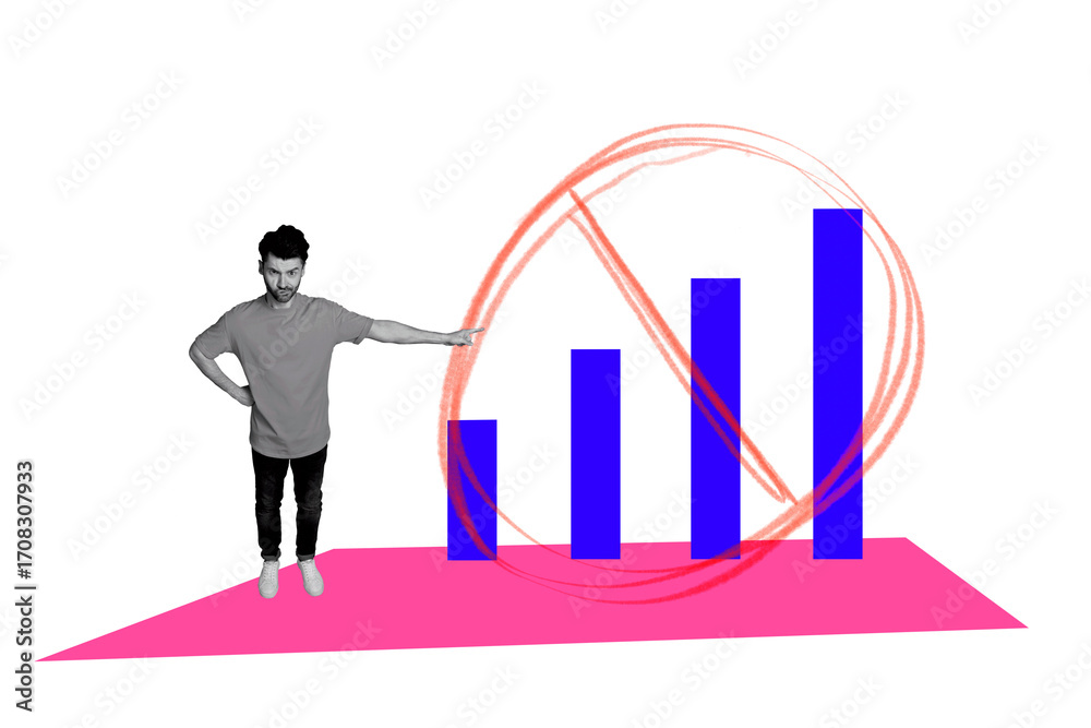Obraz premium Creative collage image young irritated man annoyed angry face showing signal columns crossed sign blocked banned network no connection