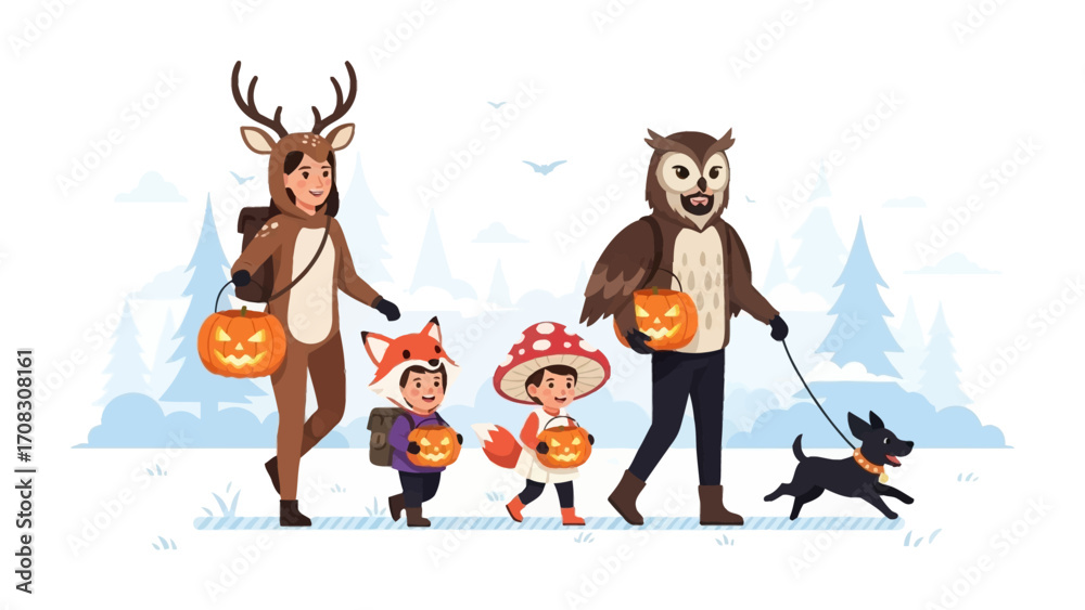 Fototapeta premium Halloween Costume Parade: A vibrant procession of costumed figures sets forth on a Halloween adventure, complete with a whimsical owl and a spirited dog.