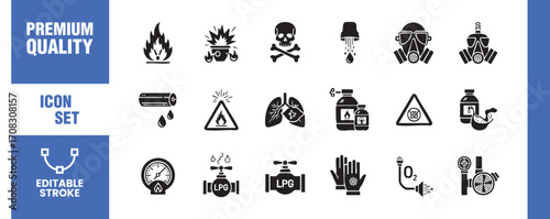 This vector icon set features a collection of hazardous material symbols, including flammable, explosive, poisonous, and corrosive substances