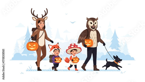 Halloween Costume Parade: A vibrant procession of costumed figures sets forth on a Halloween adventure, complete with a whimsical owl and a spirited dog.