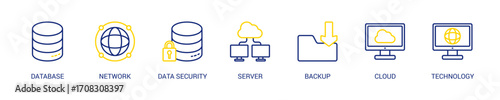 Data Center Line Color Icon Set For Web Banner. Vector Illustration Concept With Some Icons. Designed In Line Color Style