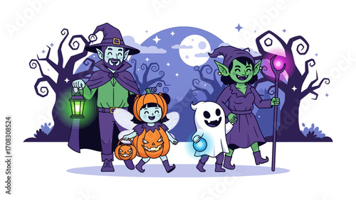 Halloween Gathering: A whimsical illustration captures a family dressed in festive Halloween costumes, embracing the spooky holiday atmosphere with creative and spirited attire.