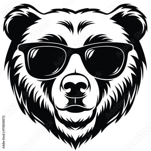 A black and white stylized bear illustration dons stylish sunglasses, exuding coolness