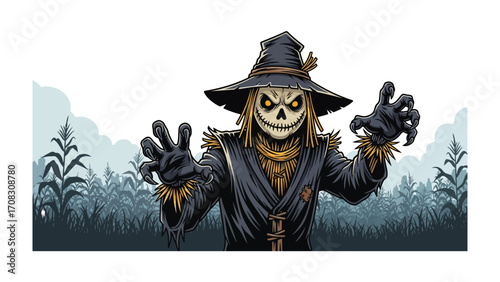Sinister Scarecrow in a Cornfield: A chilling illustration of a menacing scarecrow with glowing eyes and outstretched arms, haunting the serene backdrop of a cornfield. A spooky.