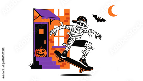 Spooky Skate: A Mummy takes to the street on a skateboard, embodying the thrill of Halloween night and the magic of street style.