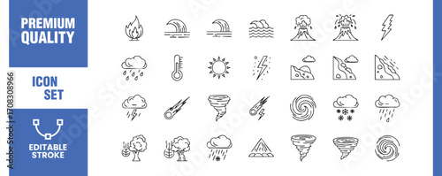 Extensive set of natural disaster icons, depicting various calamities such as fire, flood, earthquake, and storm in a minimalist and editable style