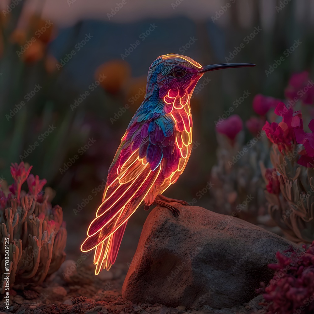 Obraz premium Captivating neon hummingbird shining in flower garden high resolution picture