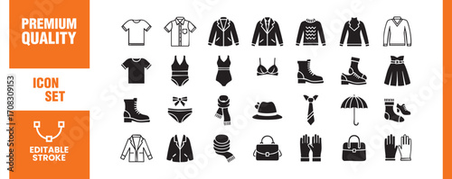 Diverse clothing and accessories icons includes shirts, jackets, swimwear, shoes, hats, scarves, gloves, bags, and umbrellas for fashion design and style