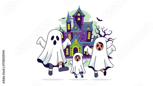 Halloween Haunted House: A spooky haunted house scene with floating ghosts creates a chilling festive atmosphere. 
