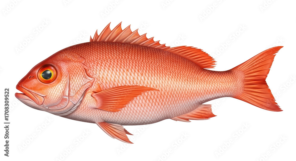 Fototapeta premium Isolated Red Snapper in Full Profile View, Marine Fish with Fins, Scales, and Yellow Eye
