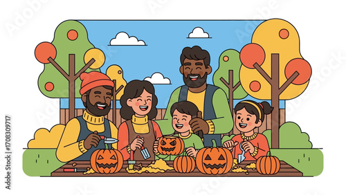 Family carving pumpkins: A joyous family of different generations gathers outdoors to carve pumpkins together on a bright autumn day, fostering connection and embracing the spirit of the season.