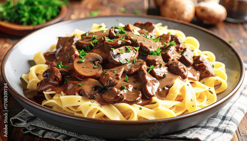 Classic beef stroganoff with noodles and mushrooms. AI