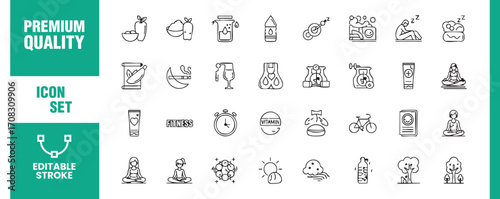 Wellness and selfcare icons in a set featuring symbols for relaxation, meditation, healthy habits, and personal growth, promoting balance and wellbeing