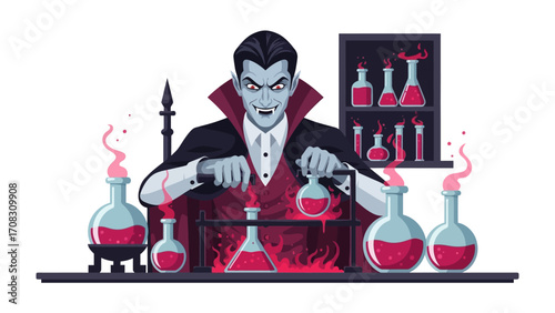 Dracula's potion: A chilling illustration presents the infamous Dracula meticulously preparing his mysterious potion in a laboratory setting, his sinister gaze focused on the glowing elixir